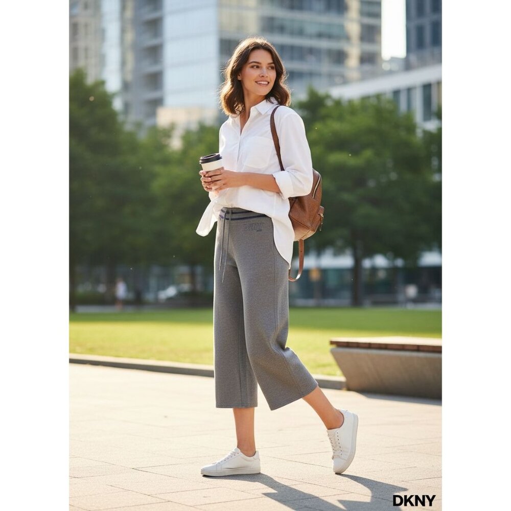 DKNY Active Gray Striped Waistband Drawstring Pants Lounge Or Workout Bottoms